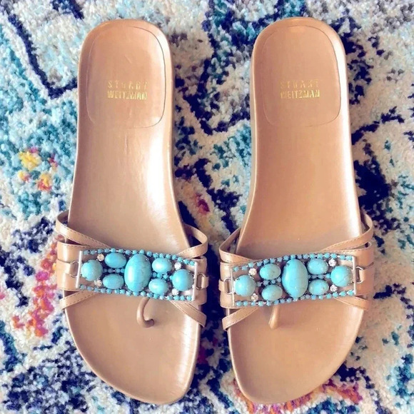 STUART WEITZMAN Flip Flop Bejeweled Turquoise Statement Sandal - Picture 1 of 8
